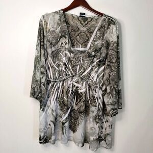 Faded Glory Top 3X Olive Flowy Boho Hippie Cottagecore  Abstract Pullover Blouse